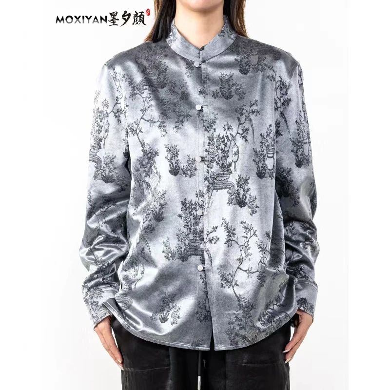【墨夕颜】2024秋季新款桑蚕丝男装亭台楼阁丝毛缎衬衫-MH-566