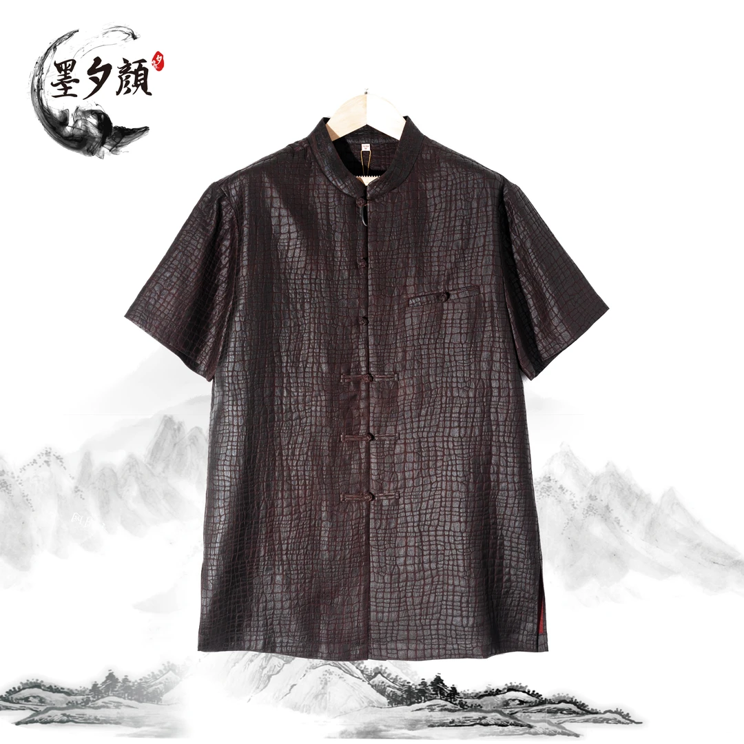 【墨夕颜】2023夏季新款桑蚕丝中国风男士红色鳄鱼纹唐装-LP-106