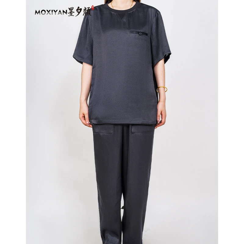 【墨夕颜】2024桑蚕丝香云纱男装 弹力缎短袖休闲裤2件套-LC-125-T