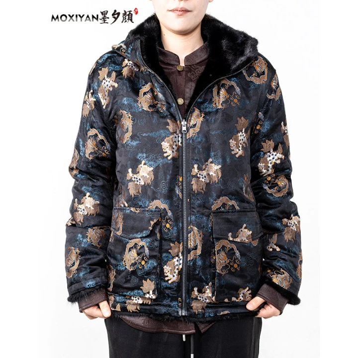 【墨夕颜】2024冬季新款桑蚕丝加绒 麒麟祥云宋锦水貂外套-LC-170