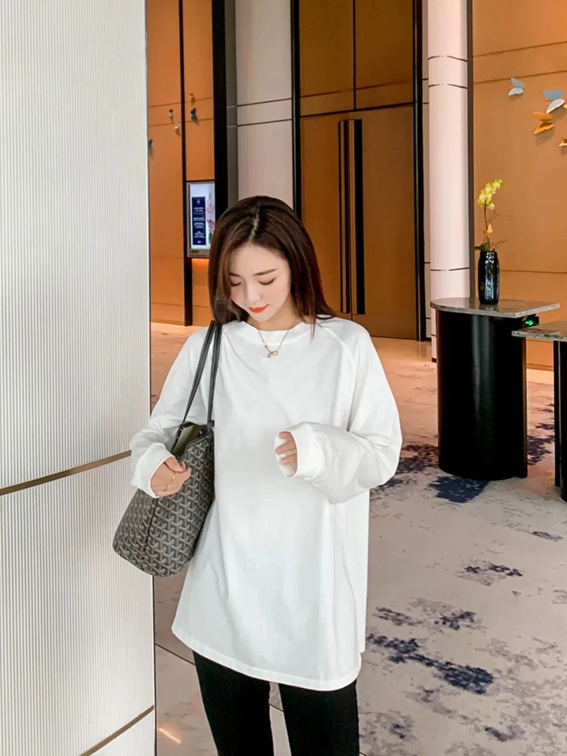 秋季纯色T恤女宽松基础白色百搭显瘦长袖打底衫休闲上衣中长款