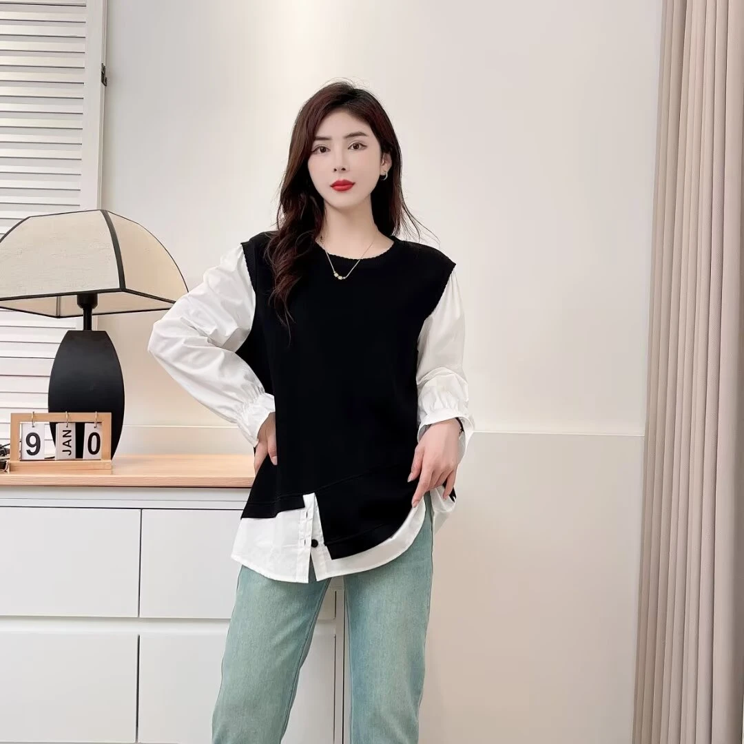 假两件长袖衬衫女士2024早秋新款设计感开叉宽松拼接气质内搭上衣