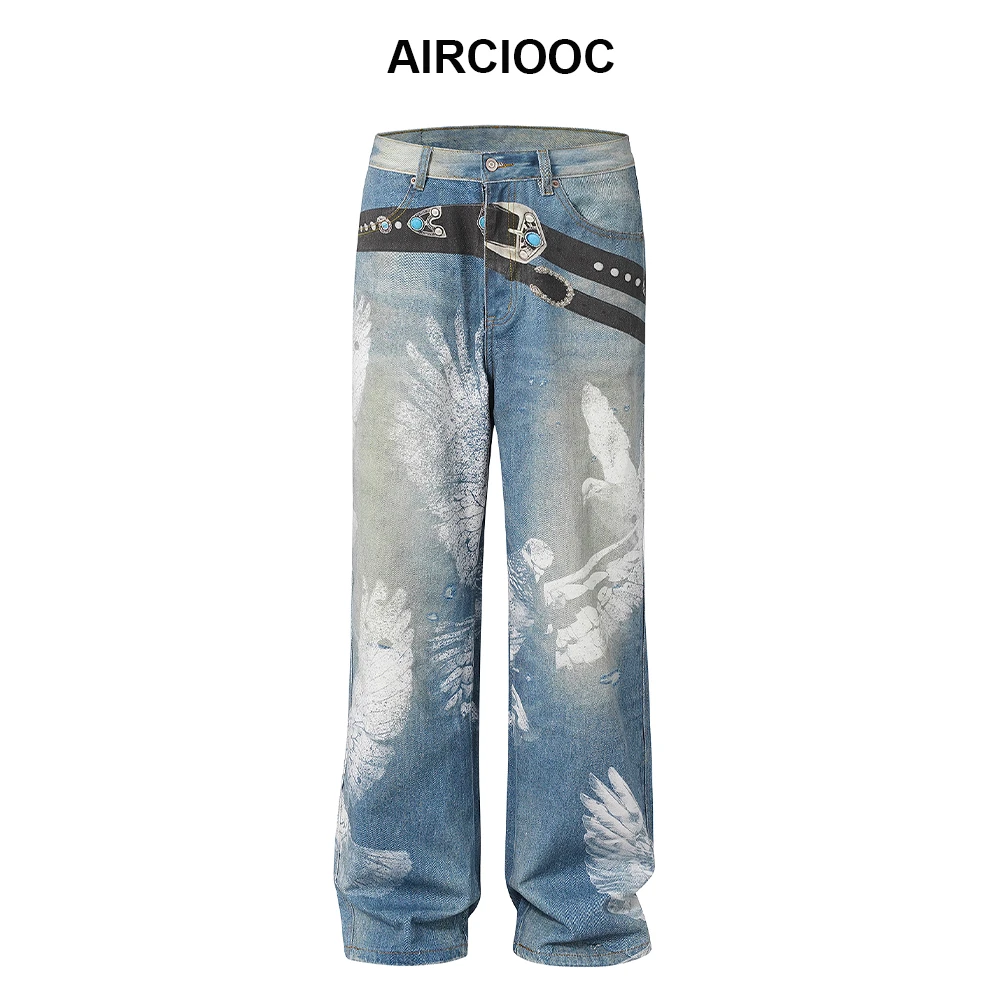 AIR CIOOC 3D打印和平鸽美式复古腰果花直筒裤高盎司牛仔裤长裤
