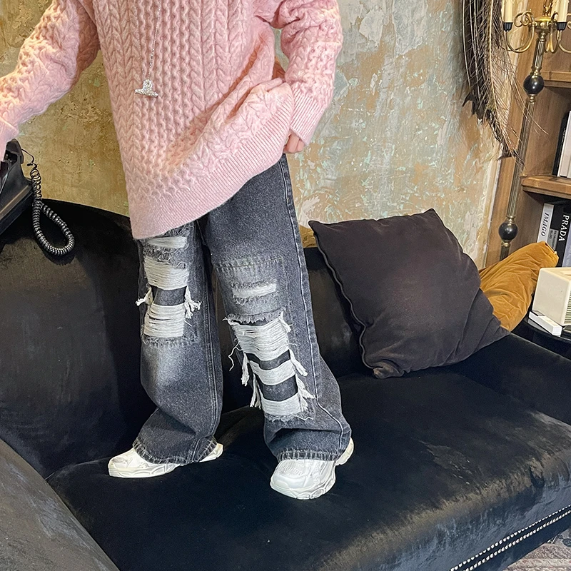 童装男童黑色破洞牛仔裤女童春秋裤子儿童直筒阔腿长裤潮230902ZX