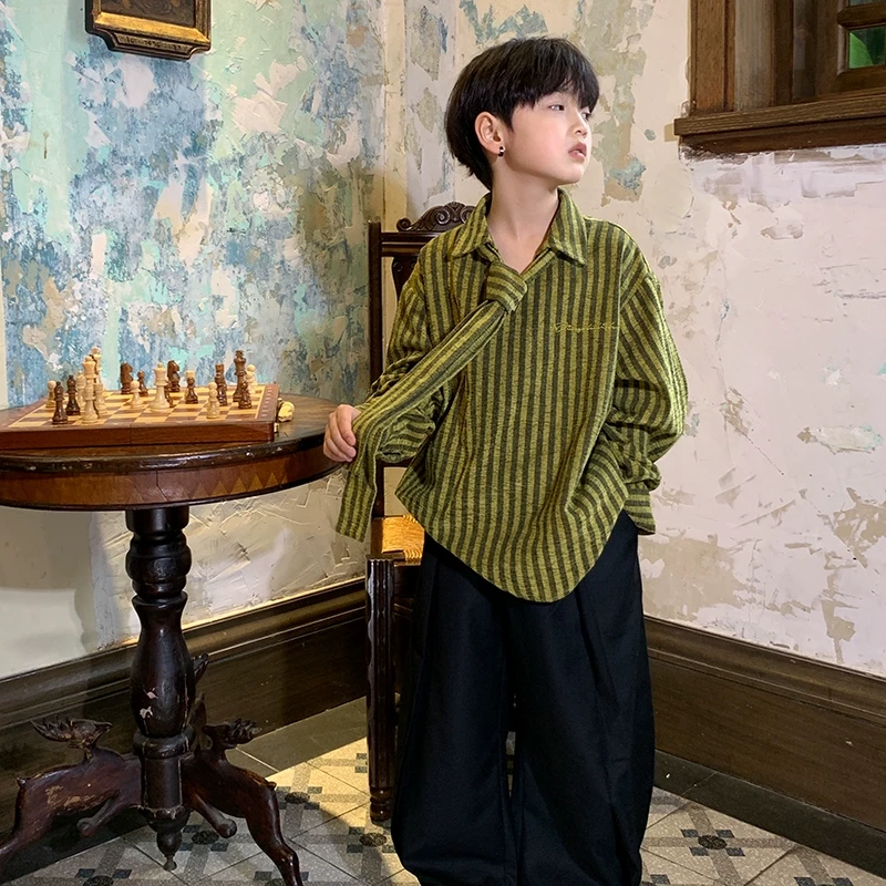 男童衬衫长袖学院风女童春秋新款儿童绿色条纹上衣潮240205FZ
