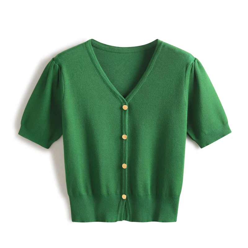 绿色V领短袖开衫女夏季新款小个子修身短款针织衫金属扣韩版上衣