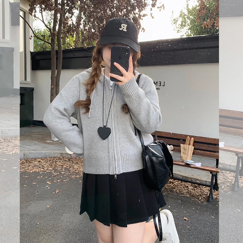 【LT STUDIO辣条大码】双拉链 超显瘦加厚连帽针织开衫毛衣外套