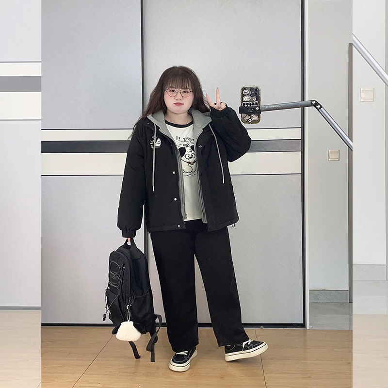 【 LT STUDIO辣条大码】假两件撞色拼接连帽休闲短款保暖棉服长袖T