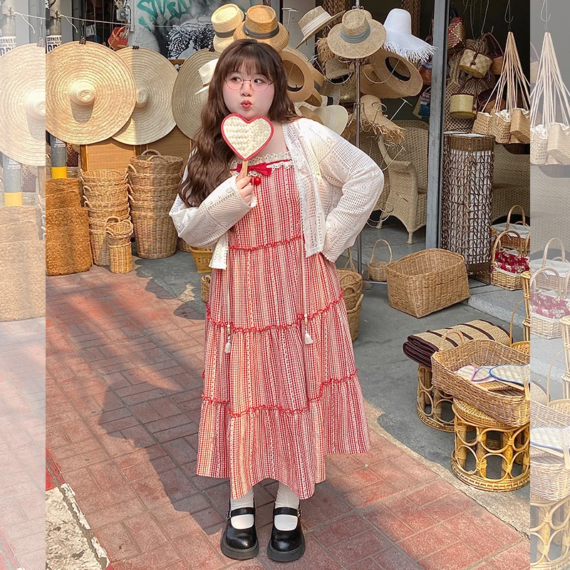 LT STUDIO辣条大码女装   度假风 格子连衣裙镂空防晒开衫套装