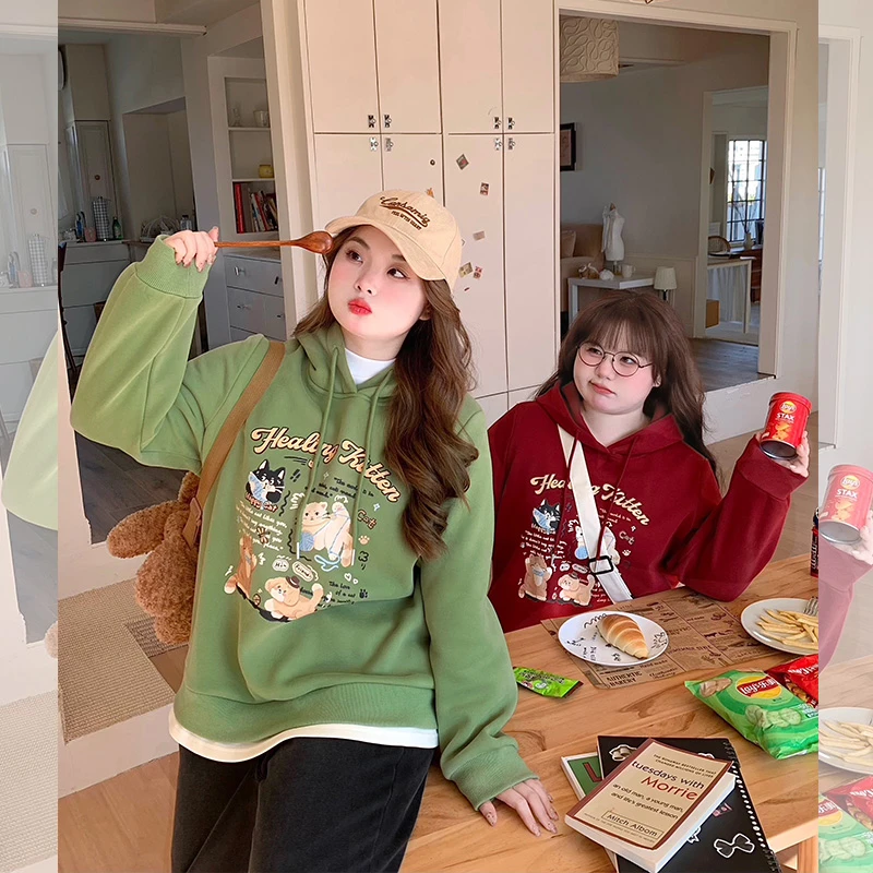 【LT STUDIO辣条大码】自制卡通印花 拼接假两件连帽套头加绒卫衣
