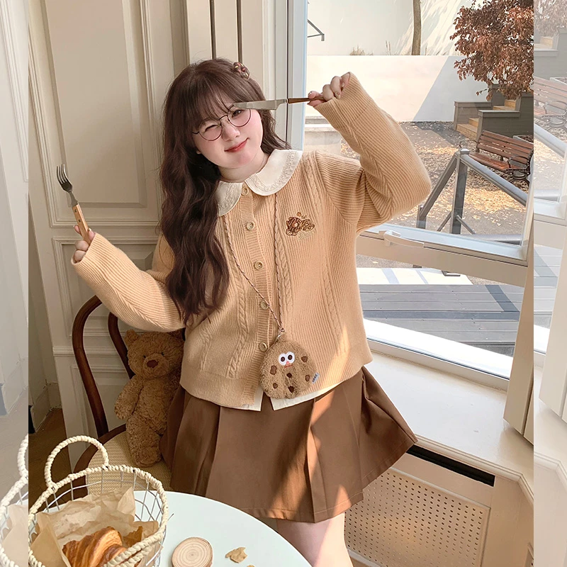 【 LT STUDIO辣条大码】刺绣甜甜圈显瘦遮肉初秋毛衣开衫套装