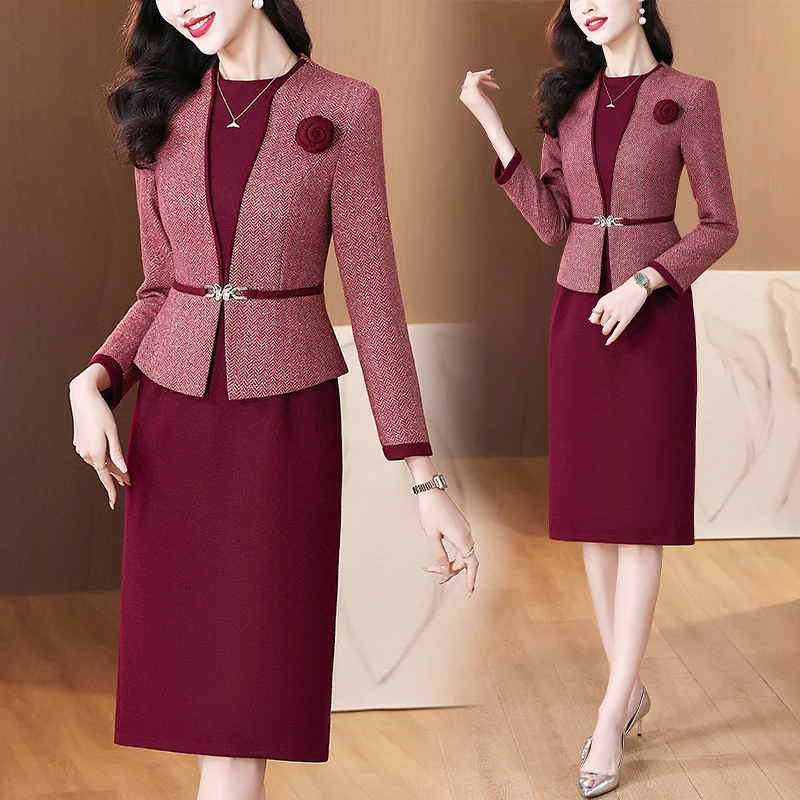 小香风包臀裙女冬新款喜婆婆喜妈妈修身假两件酒红色连衣裙