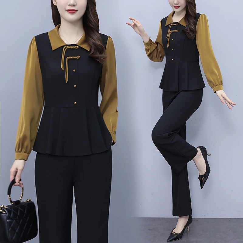 拼接时尚百搭减龄两件套女气质秋装新款韩版洋气小衫微喇裤套装潮
