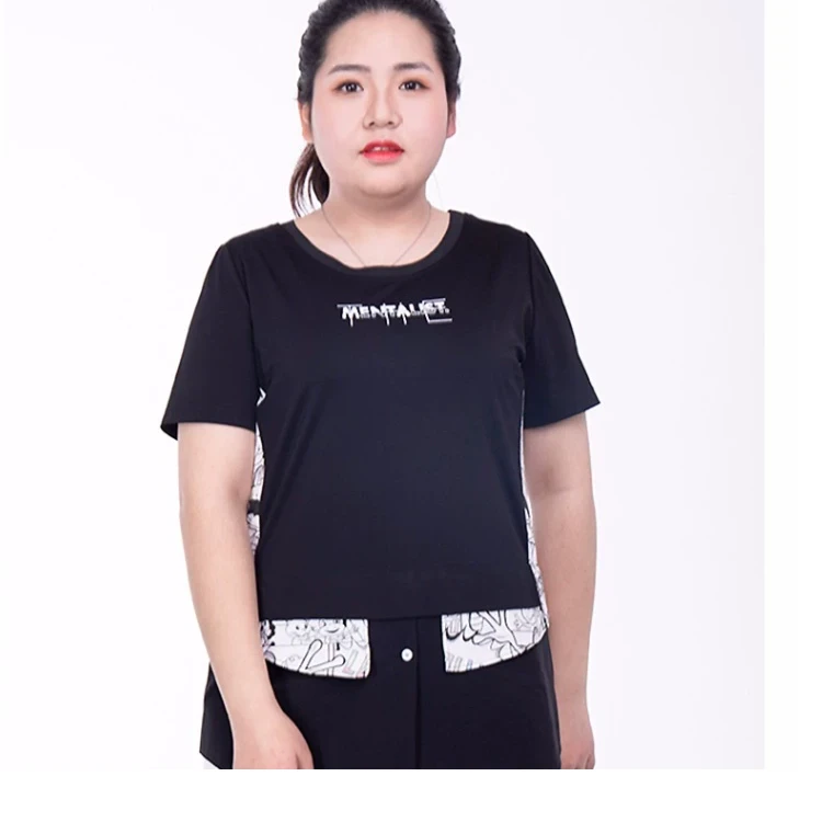 胖太太胖太太女装夏季新花色拼接圆领T恤上衣短袖显瘦822208910