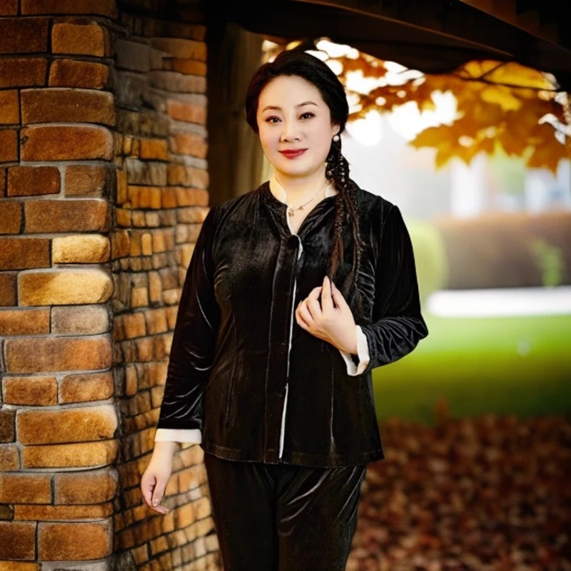 胖太太大码女装秋装新款中国风V领丝绒衬衫打底上衣宽松424304710