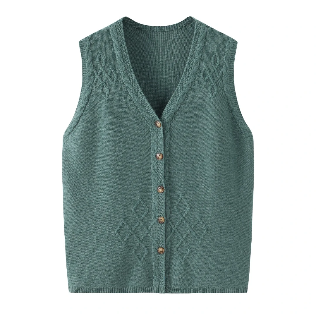女式羊毛V领加厚绞花开背心