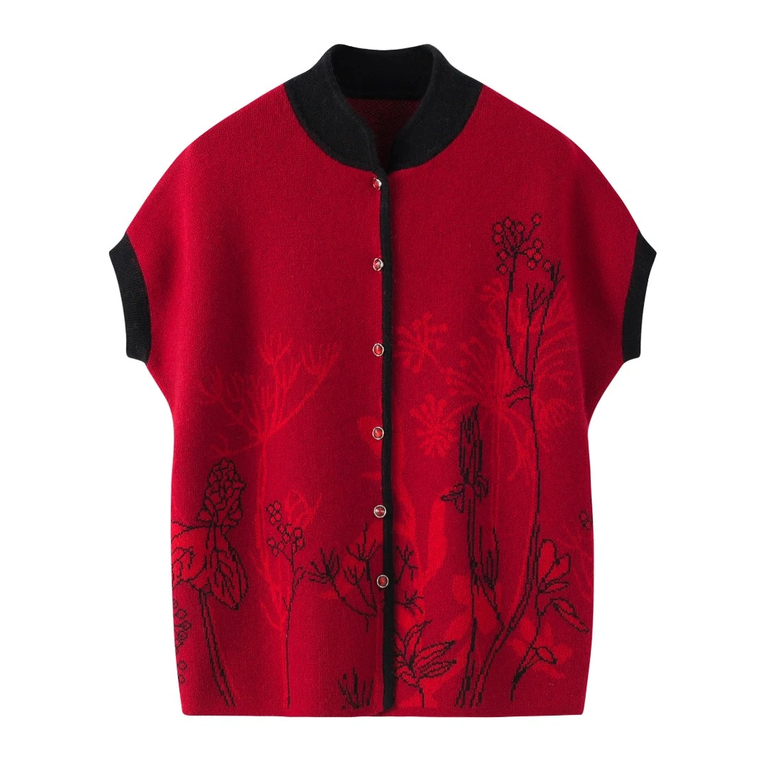 中式领双提开襟坎肩羊毛针织红色针织衫女装时尚圆领老年