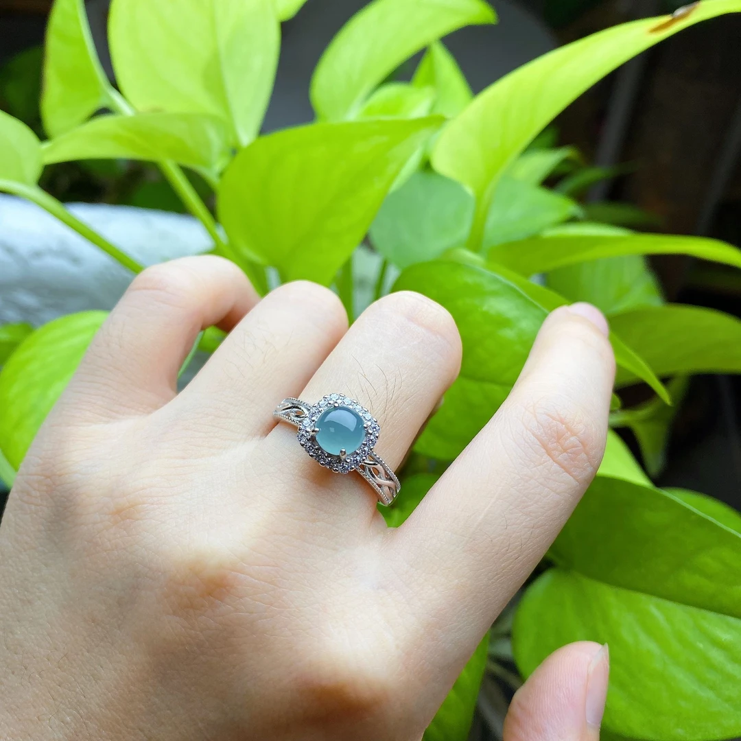 天然翡翠A货冰蓝蛋面公主方戒指活口戒时尚女士-多样性发货