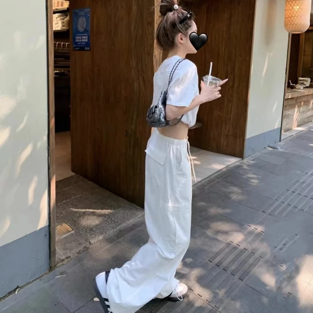 【美式降落伞抽绳工装裤】抽绳直筒阔腿透气清爽显瘦水洗棉休闲裤96