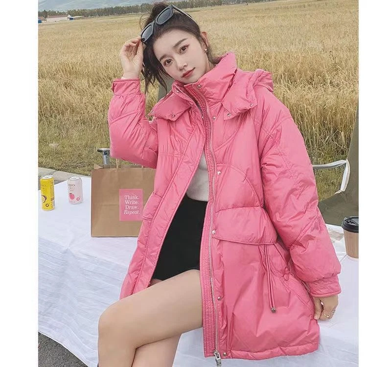 2023年冬季新款韩版羽绒棉服女中长款时尚粉色加厚连帽宽松外套款