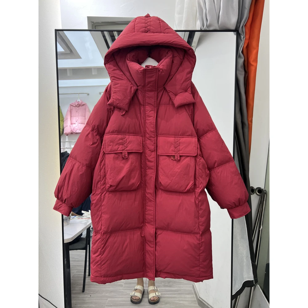 清廷心2023年韩版反季新款羽绒服女中长款连帽白鸭绒过膝加厚宽松