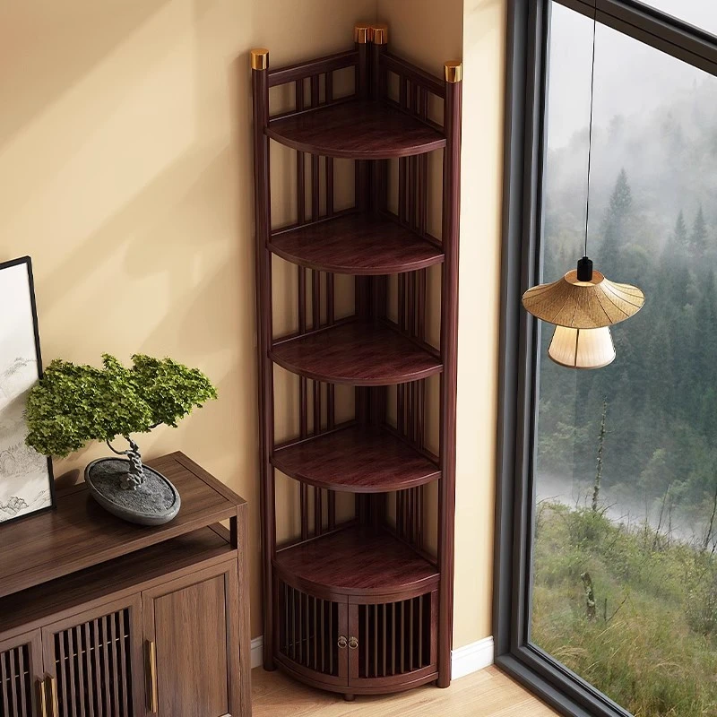 简约新中式转角架家用小型仿古轻奢转角柜落地带门好看角落置物架