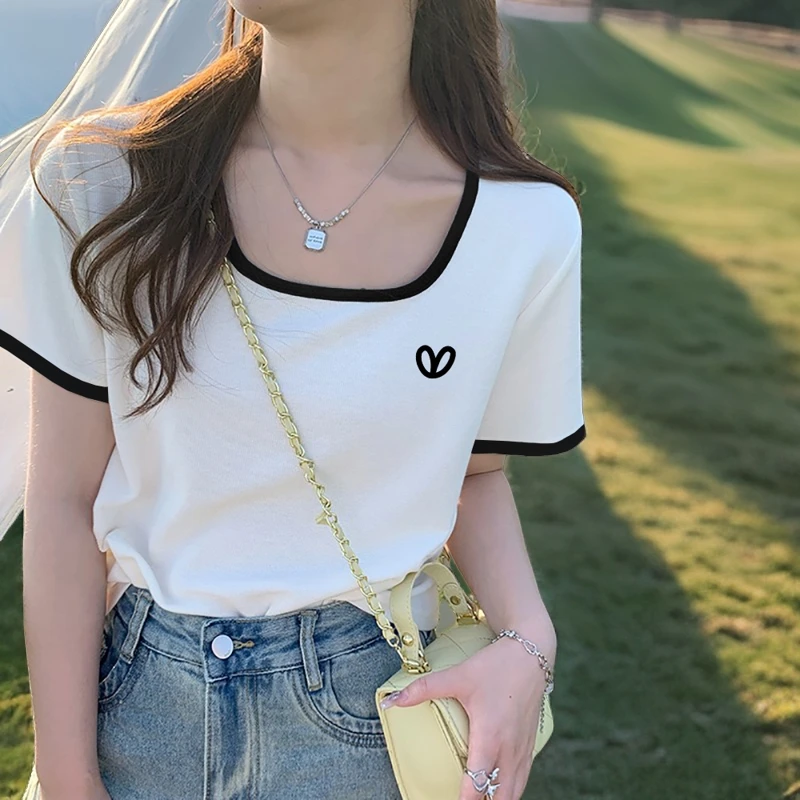 2024新款方领正肩短袖T恤女夏季打底衫撞色宽松半袖显瘦95棉上衣