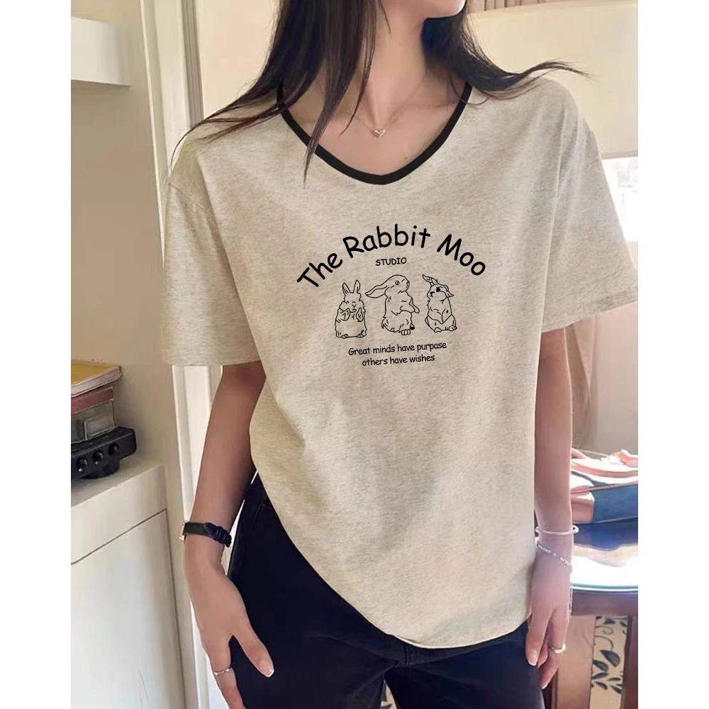 美式复古V领短袖t恤女2024年夏季新款撞色棉质内搭米灰色宽松上衣