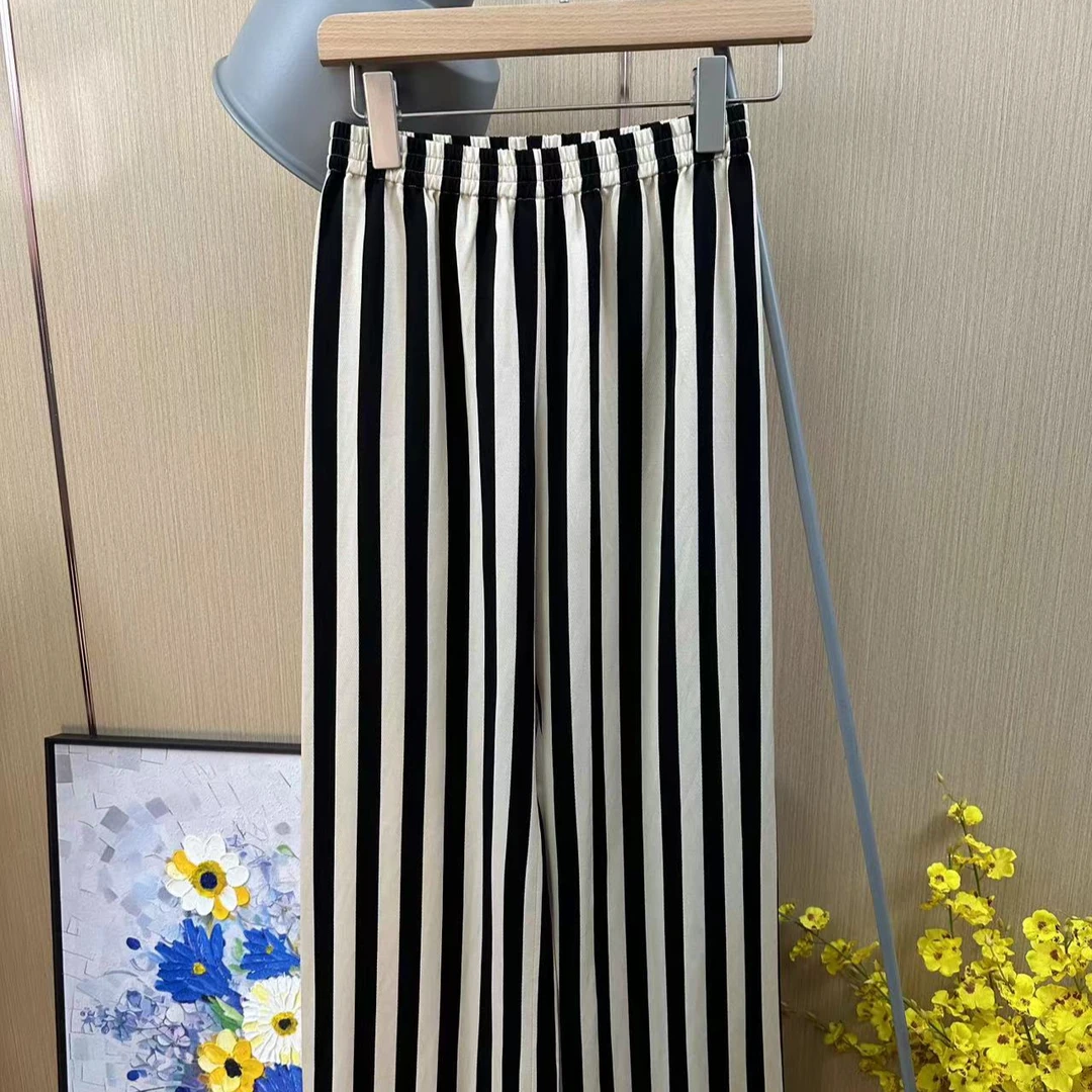 条纹裤直筒松紧腰长裤条纹显瘦高腰时尚休闲百搭女士夏季黑白