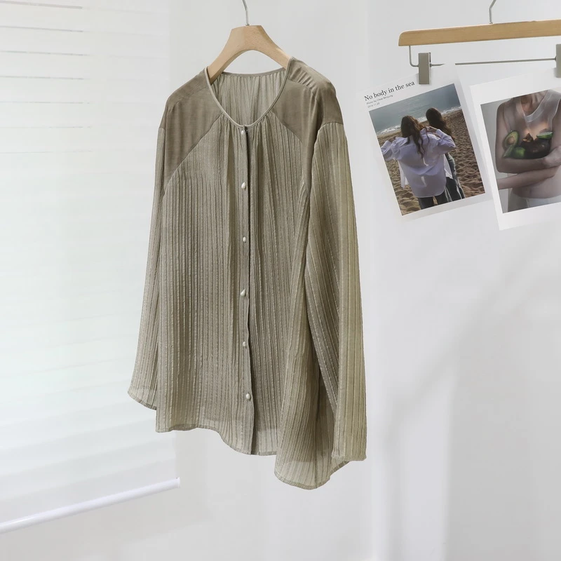 定织提花桑叠纺衬衫时尚气质秋冬衬衣褶皱宽松长袖秋季圆领