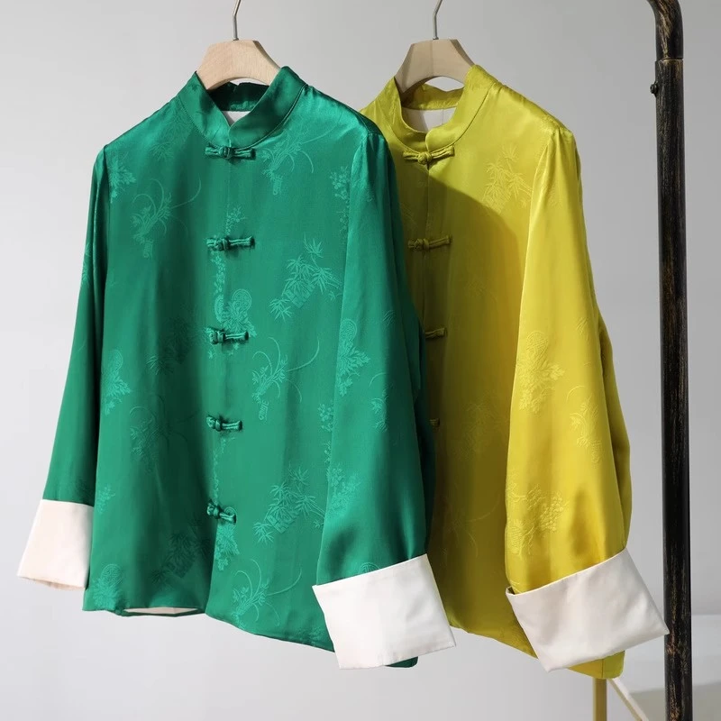 国风立领提花盘扣卷袖中式真丝上衣中国风复古