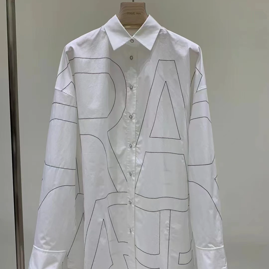 FAN 设计师 进口面料廓形字母宽松中长衬衫白色印花女士