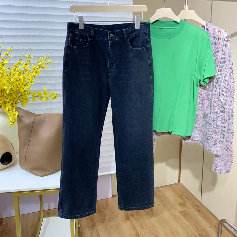 TR纯棉无弹中腰直筒九分牛仔裤碳黑显瘦时尚休闲百搭