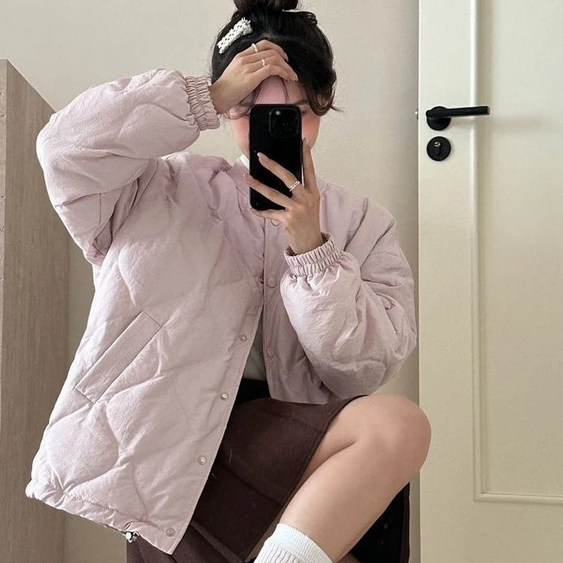 羽绒服女2024新款韩版慵懒风小个子面包服菱格宽松显瘦加厚款外套