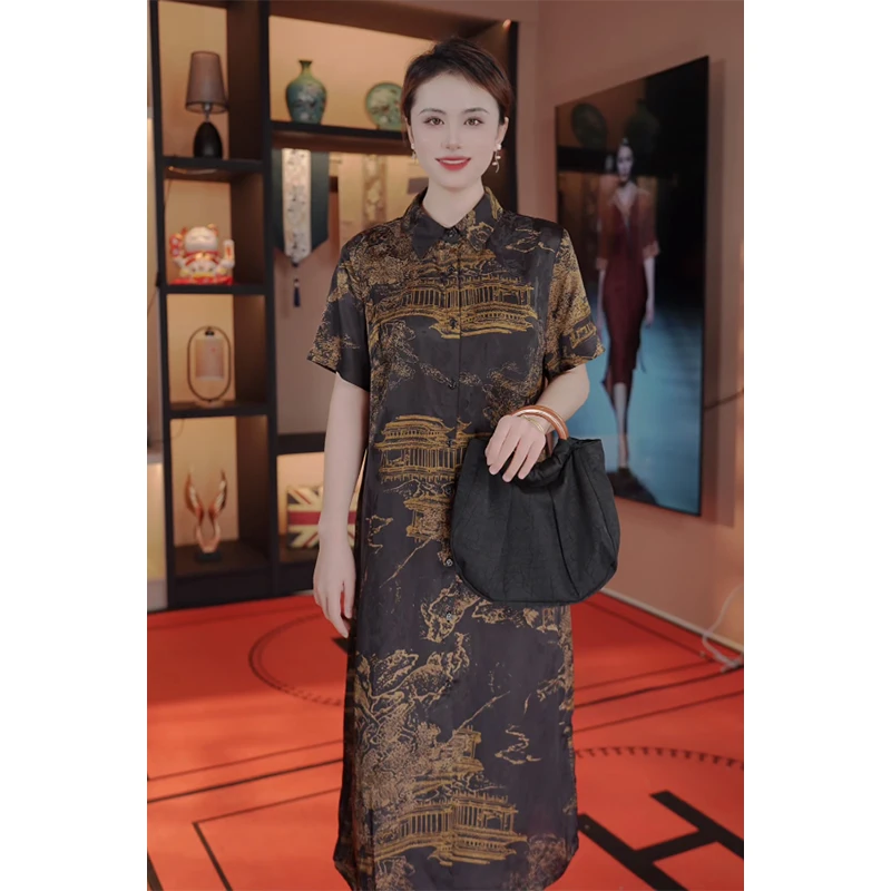 【亭台楼阁衫】中国风宽松夏季花萝显瘦印花连衣裙短袖翻领长款女