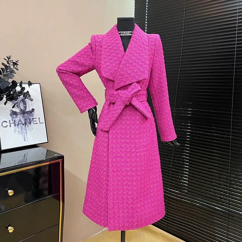 爆款小香风玫粉色大衣加厚女2024秋季新款美拉德系带显瘦毛呢外套