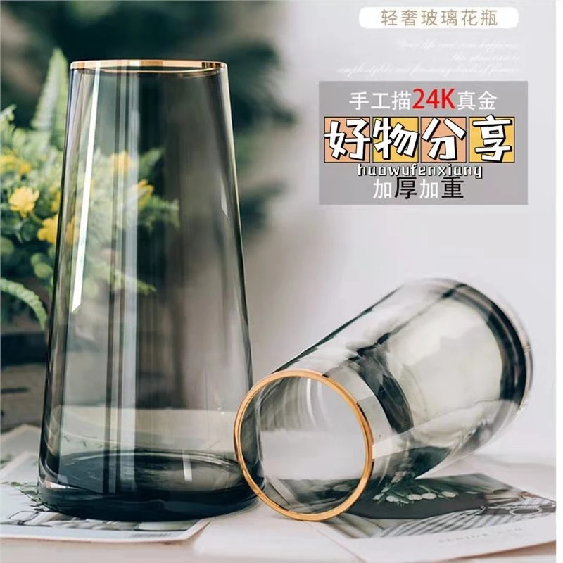 家居轻奢金边玻璃花瓶高档酒店花盆客厅鲜花透明花瓶桌面创意摆件