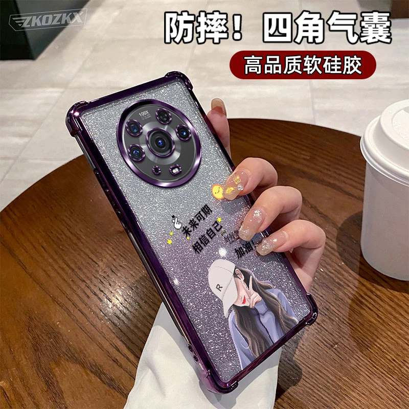 适用荣耀Magic3Pro手机壳未来可期轻奢闪粉四角气囊防摔带镜头膜