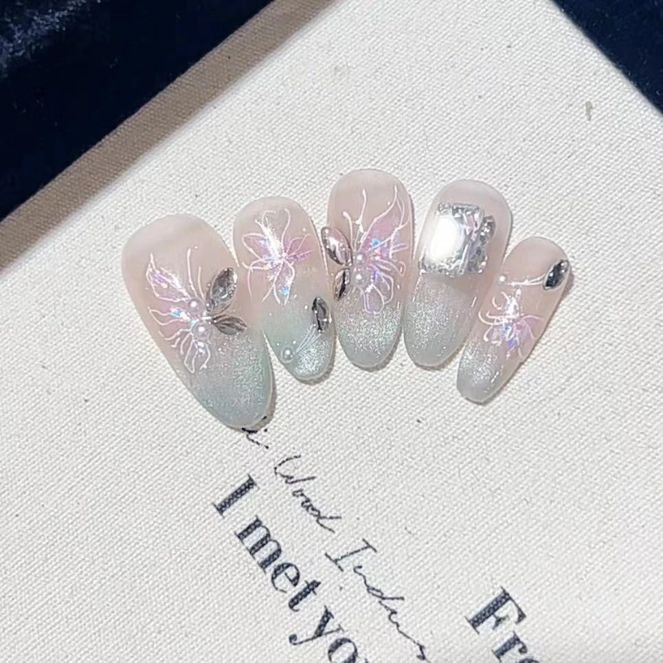 纯手工光疗椭圆穿戴甲绿猫眼蝴蝶成品短梯重复使用美甲贴片可拆卸