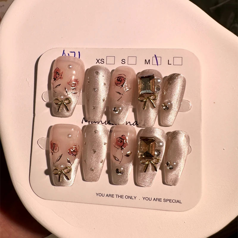 玫瑰故事手工穿戴甲纯手工美甲成品猫眼美甲贴可重复使用