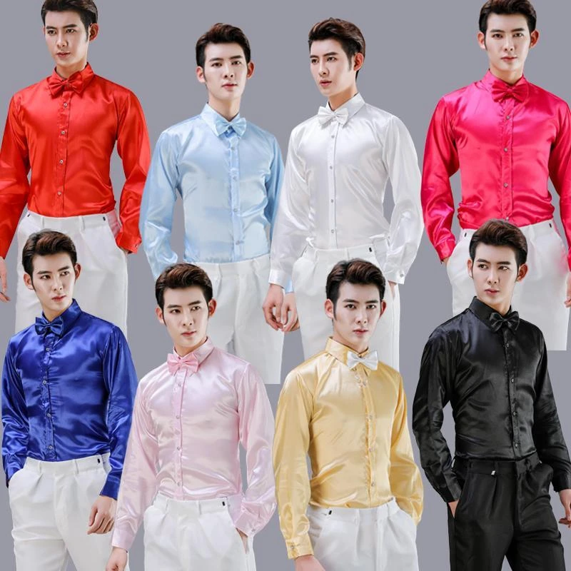 彩色男士长袖衬衫演出衬衫服装纯色光板衬衣结婚伴郎礼服领衬衣