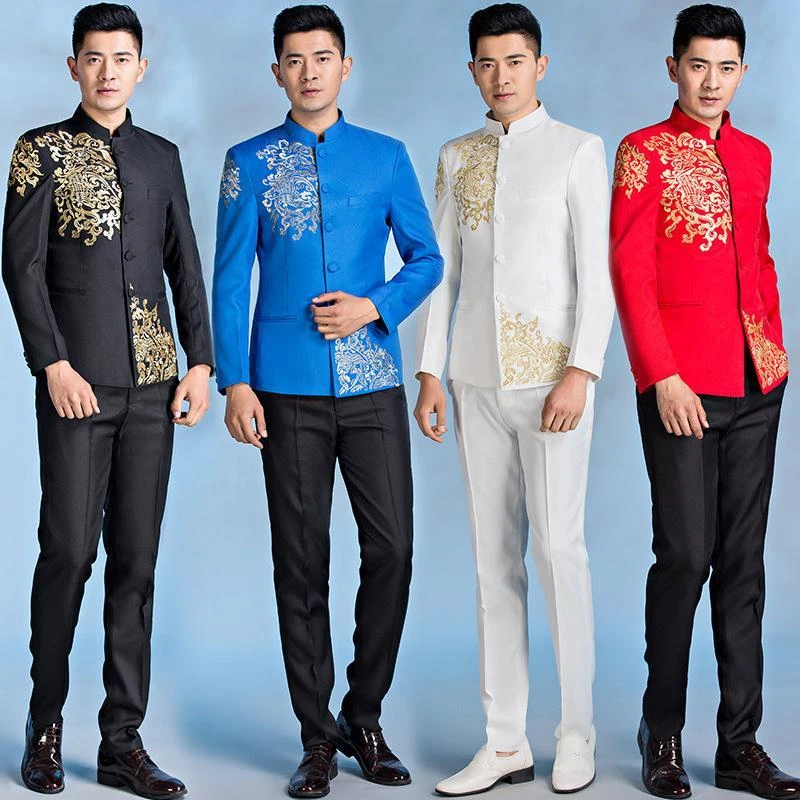 新款表演服舞台男士中山装修身演出服绣花立领中式民族服礼服宴会