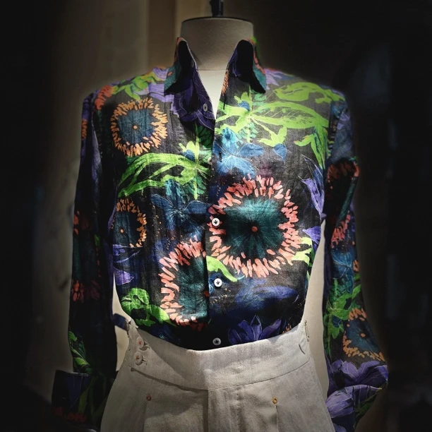 万花筒葛麻一片领时尚男式长袖衬衣