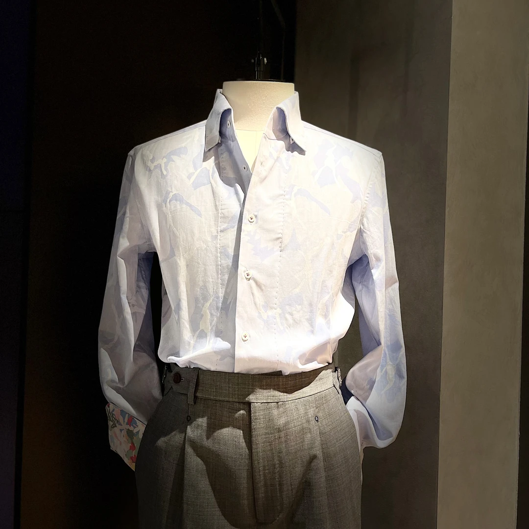 破冰蓝石纹一片领修身男士长袖衬衣