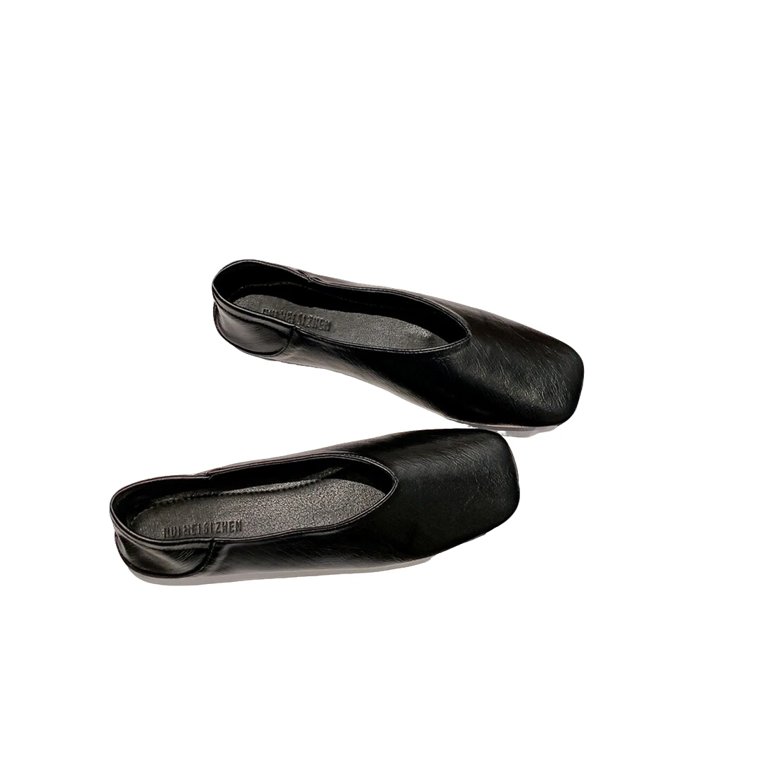 复古方头百搭软皮经典系列舒适软底平底单鞋一脚蹬浅v口休闲女鞋