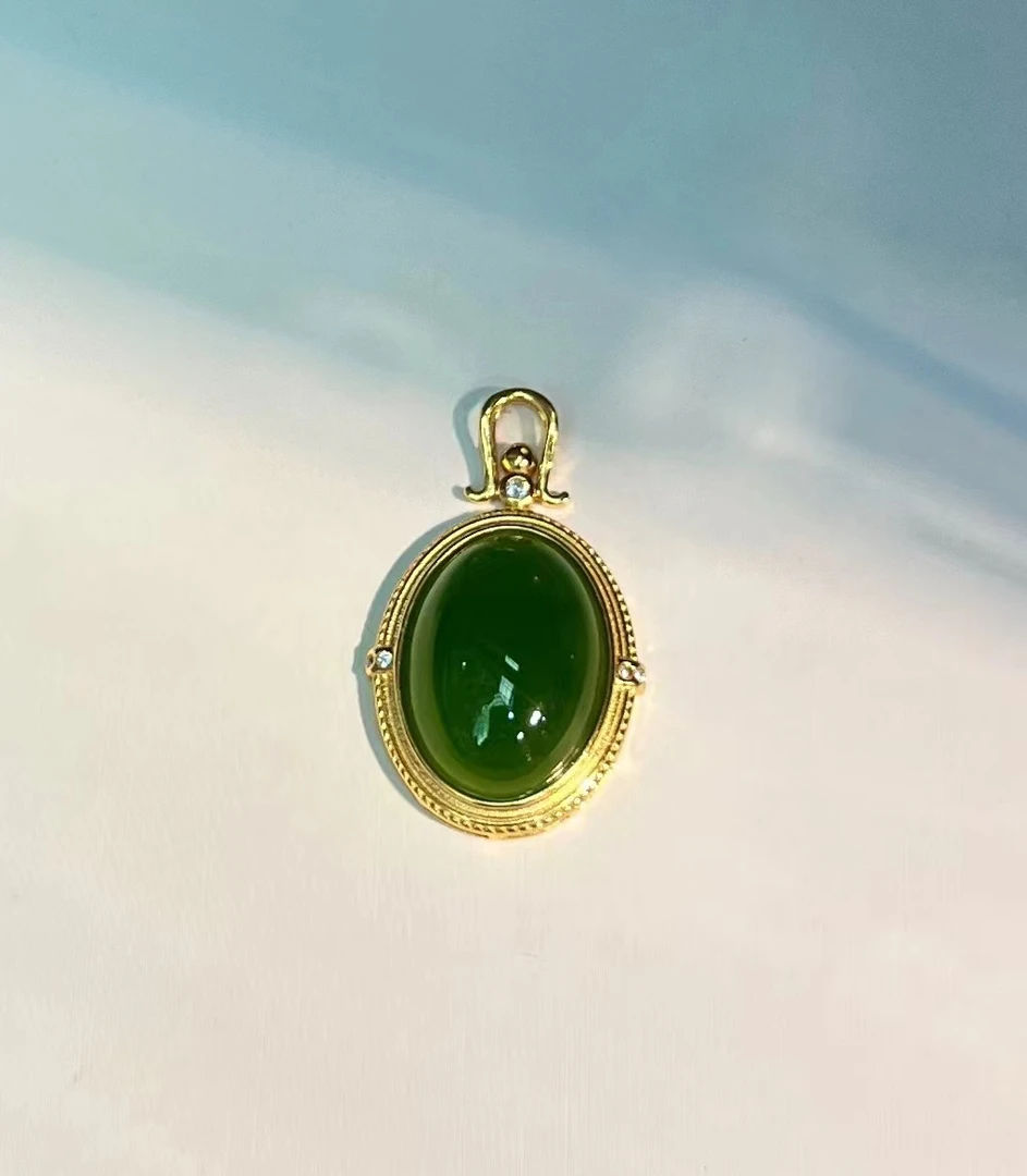 【一心真玉】和田玉S925银镶吊坠 复古时尚大鸽子蛋玉坠 简约绿色