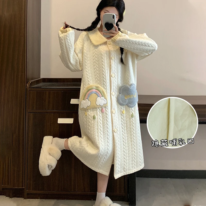 秋冬天空气棉夹层加厚月子服睡裙2025春秋季产后孕妇睡衣女家居服