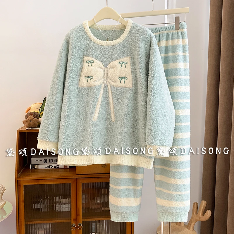 甜美可爱蝴蝶结睡衣女款秋冬季半边绒冬天加厚大码女士家居服套装
