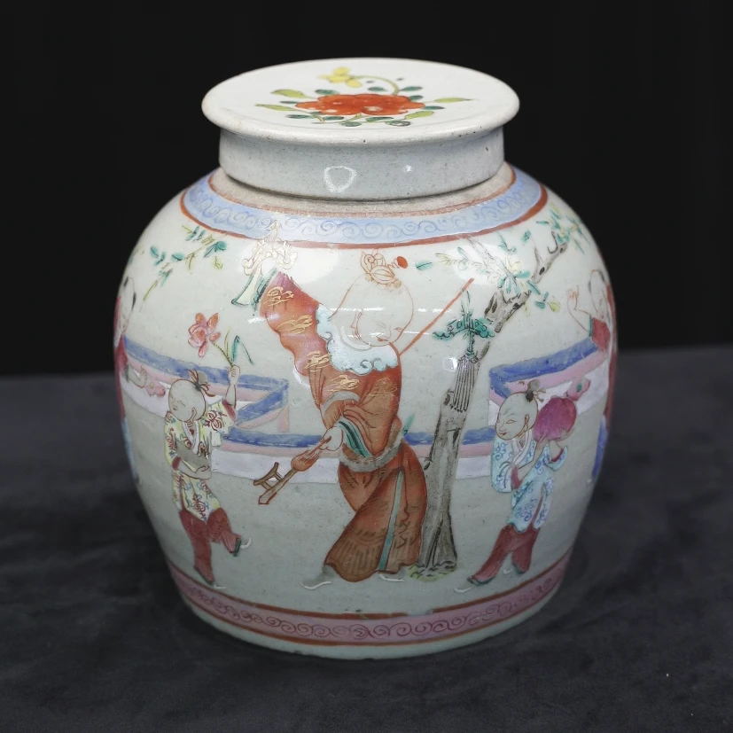 乙0890 清中期粉彩人物盖罐 全品 盖内鸡爪纹不透 罐身开片线不透