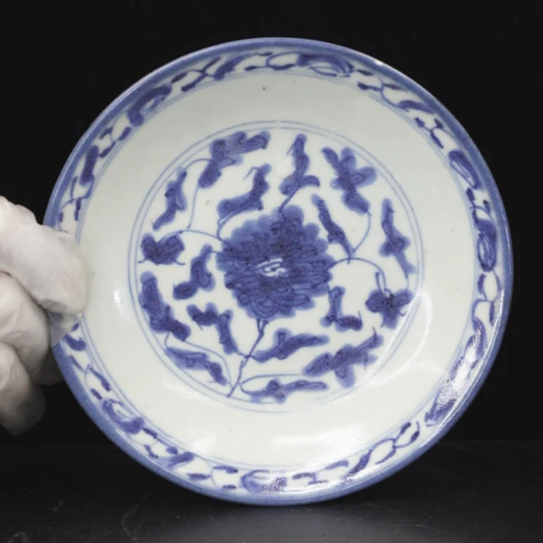 甲49387 清嘉庆青花花卉盘 口沿有小飞皮 古瓷器真品 鉴定古代